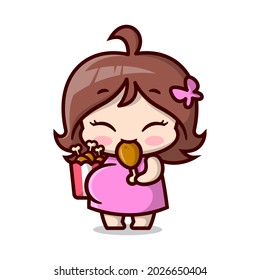 Cute pregnant mom is eating a bucket of chicken leg. High quality cartoon illustration.