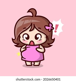 Cute pregnant mom is surprising when the baby is kicking her stomach. High quality cartoon illustration.