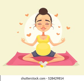 Cute pregnant woman character doing yoga. Vector flat cartoon illustration