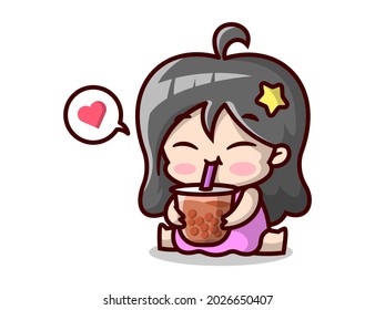 Cute pregnant woman is drinking a cup of boba. High quality cartoon illustration.