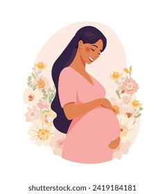 Cute pregnant woman expecting the birth of a child, pregnancy card with flowers, mother s day, motherhood and family. Flat cartoon vector illustration.