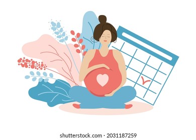 Cute pregnant woman in flowers and with a calendar. Time of labor or doctor's appointment. Pregnancy and motherhood. Carrying a baby. Flat illustration. Vector.