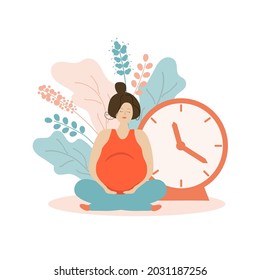 Cute pregnant woman in flowers and with a clock. Delivery time. Pregnancy and motherhood. Carrying a baby. Flat illustration. Vector.