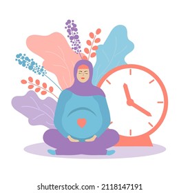 Cute pregnant woman in hijab and flowers with a clock. Muslim girl. Time of birth or waiting for the baby to arrive. Pregnancy and motherhood. Carrying a child. Flat illustration. Purple.