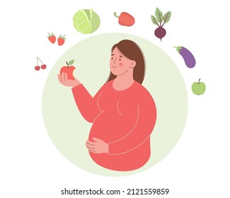 Cute pregnant woman  holds  red apple in her hand. Healthy food concept during pregnancy. Vector illustration. 