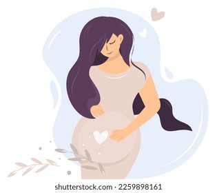 A cute pregnant woman in a light dress gently caresses her belly. Future young mother. Brunette with a hand on her stomach on a blue background. Vector isolated mother's day design. Postcard banner.