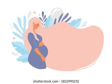 Cute pregnant woman with long blond hair on a background of leaves. The concept of pregnancy, motherhood, family. Flat design with copy space. Pregnant belly side view. Stock vector isolated on white