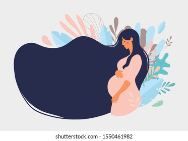 Cute pregnant woman with long hair on a background of blue leaves. The concept of pregnancy, motherhood, family. Flat design with copy space. Happy mum. Pregnant belly side view. Stock vector illustra