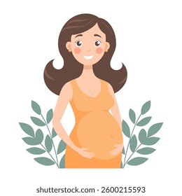 Cute pregnant woman with long hair with her hands on her belly. Flat illustration.