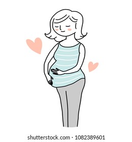 Cute pregnant woman on late pregnancy stage smiling and holding her belly. Pink hearts represent a mother's love for child. Mother love concept with pregnant lady smiling. Hand-drawn style vector.