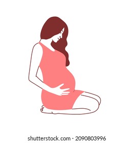 Cute pregnant woman in a pink dress sits on her knees. Hand drawn vector illustration. Flat style.