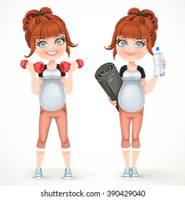 Cute pregnant woman preparing to do yoga and do exercise with dumbbells isolated on a white background