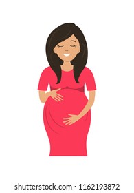 Cute pregnant woman in red dress isolated on a white background. A smiling woman holds her hands on her stomach. Vector illustration in cartoon style