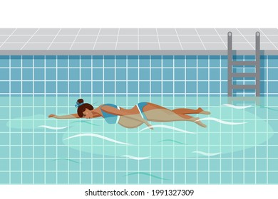 Cute pregnant woman swims in the pool. Healthy Pregnancy Activity Concept. Vector illustration in flat cartoon style