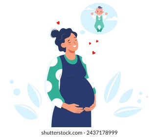 Cute pregnant woman thinking about her baby. Expectation of childbirth. Happy young mother awaiting son