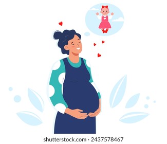 Cute pregnant woman thinking about her baby. Expectation of childbirth. Happy young mother awaiting daughter