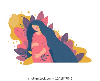 Cute pregnant woman. Vector illustration of woman waiting for a baby. Happy mom expecting baby. Pregnancy.