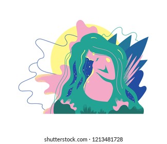 Cute pregnant woman. Vector illustration of woman waiting for a baby. Happy mom expecting baby. Pregnancy.