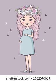 Cute pregnant woman. Vector illustration of young smiling woman waiting for baby. Happy mom expecting baby. Pregnancy