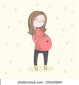 Cute pregnant woman. Waiting for baby vector illustration.