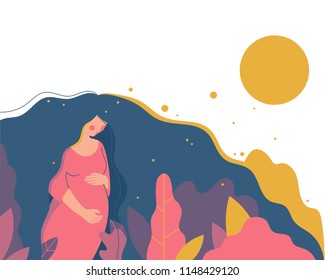 Cute pregnant woman walking. Vector illustration of woman waiting for a baby. Happy mom expecting baby. Pregnancy.