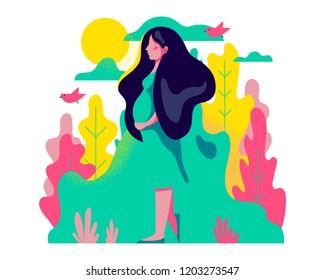 Cute pregnant woman walking. Vector illustration of woman waiting for a baby. Happy mom expecting baby. Pregnancy.