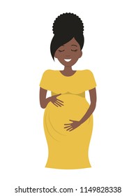 Cute pregnant woman in yellow dress isolated on a white background. A smiling black woman holds her hands on her stomach. Vector illustration in cartoon style