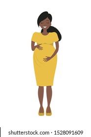 Cute pregnant woman in yellow dress isolated on a white background. A smiling black woman holds her hands on her stomach. Vector illustration