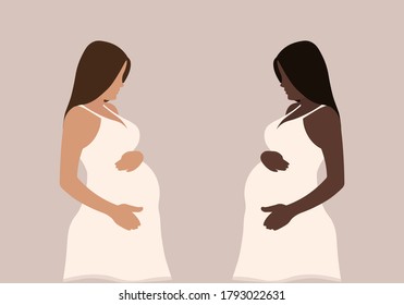 Cute pregnant womans. The concept of pregnancy, motherhood, family. Happy mum. Pregnant belly side view. Stock vector .Vector illustration