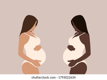 Cute pregnant womans. The concept of pregnancy, motherhood, family. Happy mum. Pregnant belly side view. Stock vector .Vector illustration