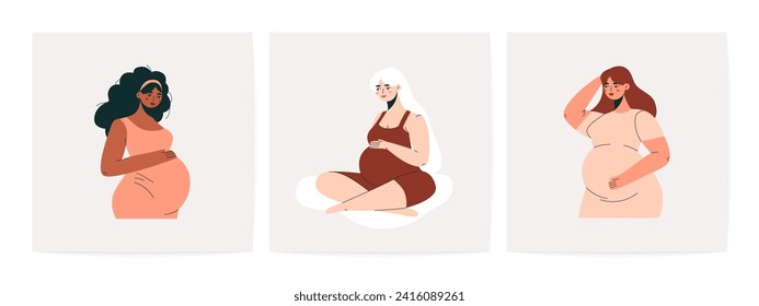 Cute pregnant women. Cartoon female characters holding belly, diverse expecting moms, maternity, motherhood and happy pregnancy concept. Flat vector set.