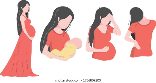 Cute pregnant women character, Feeding Mother, Back and neck pain and headache. Symptoms of pregnancy