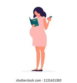 Cute pregnant young woman is reading a book and eating an apple. Motherhood, waiting for a child concept. Expectant mother character. Full length illustration in trendy simple and clear flat style