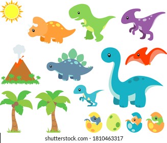 Cute Prehistoric Dinosaur and Background Elements Vector Illustration Set 