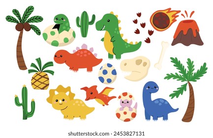 Cute prehistoric dinosaur character element set