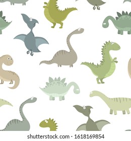 Cute prehistoric dinosaurs vector seamless pattern. Color illustrations of animals of the Jurassic period. Childish background for web, wrapping paper, textiles, etc.