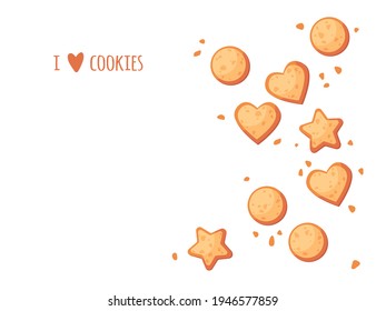 Cute pre-made greeting card of biscuits. I love cookies. Heart, star and circle shaped pastry. Cartoon vector illustration. Flat design.