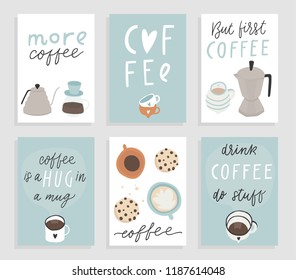 Cute premade posters cards wallpapers banners template design with coffee. Collection of cute kitchen interior decor for coffee lovers. Vector eps 10