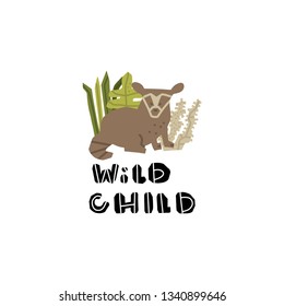 Cute premade vector card. Hand lettering quote - Wild child - with different illustrations around. Positive  poster for your designs:t-shirts,bags,posters,merch. nursery, fabric.