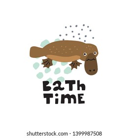 Cute premade vector card. Hand lettering quote - Bath Time - with different illustrations around. Positive  poster for your designs:t-shirts,bags,posters,merch. nursery, fabric.