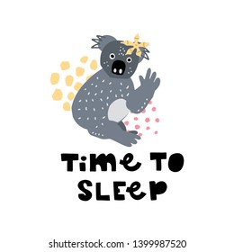 Cute premade vector card. Hand lettering quote -Time To Sleep- with different illustrations around. Positive  poster for your designs:t-shirts,bags,posters,merch. nursery, fabric.
