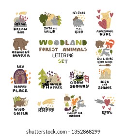 Cute premade vector cards collection. Hand lettering quotes with different illustrations around. Big bundle of posters for your designs:t-shirts,bags,posters,merch. nursery, fabric.