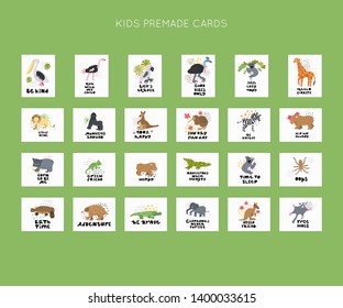 Cute premade vector cards set. Hand lettering quotes with different illustrations around. Positive  posters bundle for your designs:t-shirts,bags,posters,merch. nursery, fabric.