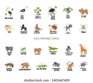 Cute premade vector cards set. Hand lettering quotes with different illustrations around. Positive  posters bundle for your designs:t-shirts,bags,posters,merch. nursery, fabric.