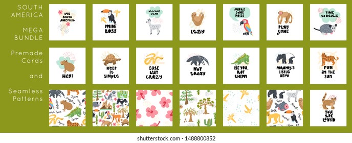 Cute premade vector cards set. Hand lettering quotes bundle with animals of South America illustrations. Positive  poster for your designs:t-shirts,bags,posters,merch. nursery, fabric.