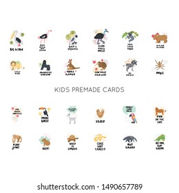 Cute premade vector cards set. Hand lettering quotes with exotic animal illustrations. Positive  posters bundle for your designs:t-shirts,bags,posters,merch. nursery, fabric.