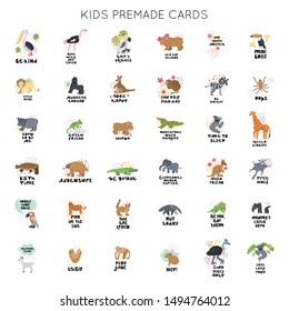 Cute premade vector cards set. Hand lettering quotes with exotic animal illustrations. Positive  posters bundle for your designs:t-shirts,bags,posters,merch. nursery, fabric.