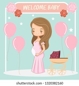 cute prenant woman cartoon for welcome baby greeting card 