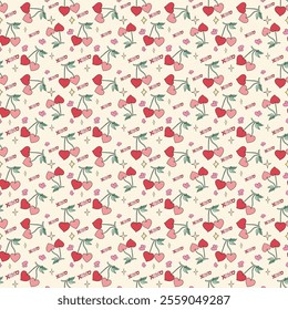 Cute Preppy Cherries seamless pattern red. Cherries heart seamless repeat pattern vector illustration 