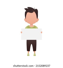 A cute preschool boy with a blank banner. Isolated. Cartoon style. Vector illustration.